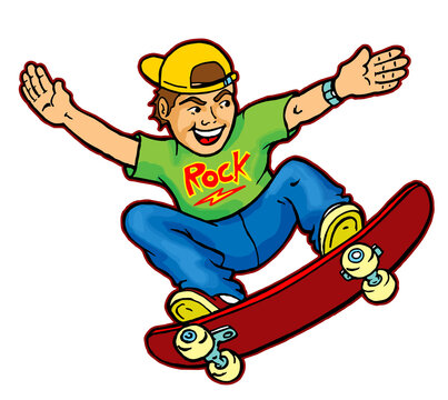 teenager doing radical maneuver with skateboard. cartoon style drawing (
