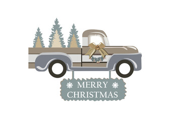Pickup car with Christmas trees, wreath, bow and sign "Merry Christmas". Vector illustration postcard.