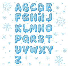 Vector cartoon winter alphabet. Christmas letters made of snow. Hand-drawn ice symbols