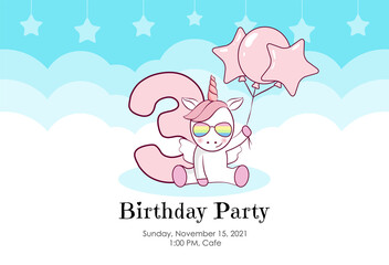 Birthday invitation with cute unicorn, balloons and clouds in blue and pink colors. Ready to use and editable template. An invitation for children and adults. Third year of birth. 
