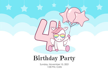 Birthday invitation with cute unicorn, balloons and clouds in blue and pink colors. Ready to use and editable template. An invitation for children and adults. Fourth year of birth. 