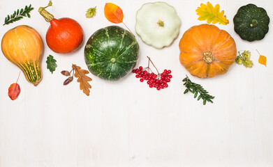 Various pumpkins, berries and autumn leaves on  white wooden background. Concept of Thanksgiving day. Flat lay autumn composition with copy space.