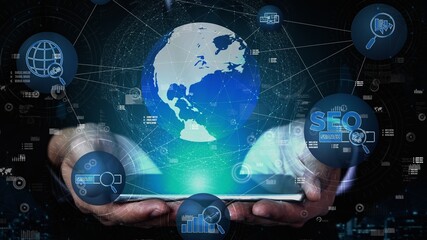 SEO - Search Engine Optimization for Online Marketing conceptual. Modern graphic interface showing...