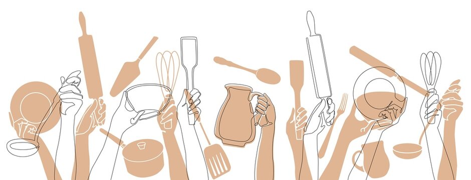 hands holding kitchen tools, line art clip art preview