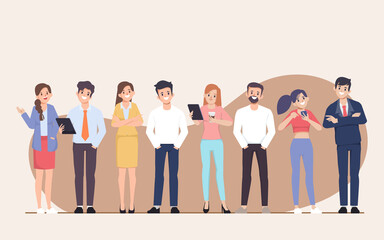 Fototapeta premium Brainstorming people with smartphone, character. Flat cartoon illustration vector design.