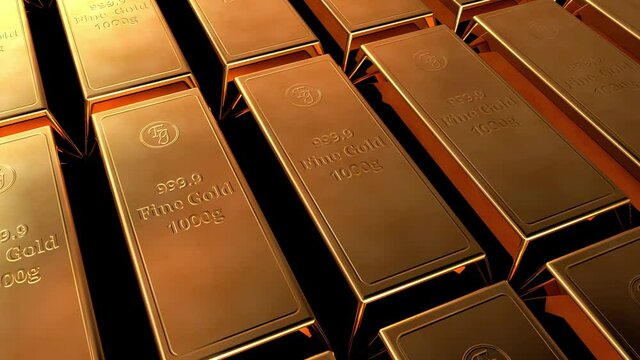 Gold bars background infinite loop - Golden ingots moving calm and slow. Rich and wealth concept. 3d render animation in 4k