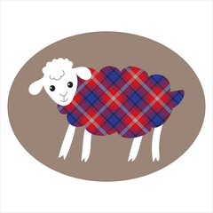 Cute sheep in tartan print. Isolated design element. Animal logo. Vector illustration.