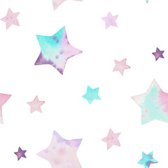 Watercolor seamless pattern with hand-painted pink and colorfull stars on white background. Delicate pattern for fabric, textiles, wrapping paper