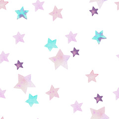 Watercolor seamless pattern with hand-painted pink and colorfull stars on white background. Delicate pattern for fabric, textiles, wrapping paper