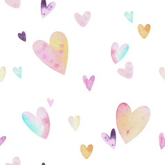 Watercolor seamless pattern with hand-drawn cute hearts on white background. Delicate pattern for fabric, textiles, wrapping paper