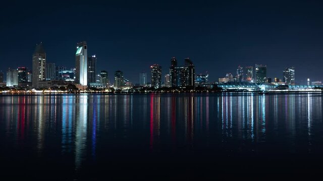 San Diego Bay Skyline Bayview Park from Coronado Island Pan R Night Time Lapse California USA