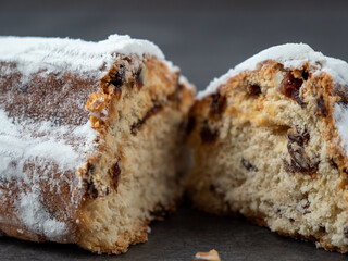 Christstollen, christmas stollen on gray background
