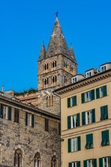 Fototapeta na wymiar Campanile of ancient church in Genoa