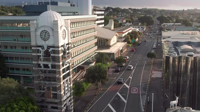 Aerial: Clock Tower and downtown New Plymouth, Taranaki, New Zealand