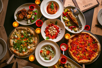 Top down view on enormous buffet of delicious freshly prepared european cuisine