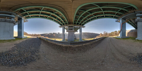 full  hdri 360 panorama under steel frame construction of huge car bridge across river in seamless spherical equirectangular projection. VR  AR content