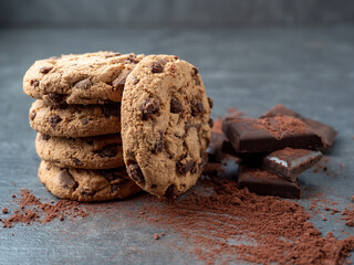 Chocolate chip cookies on a gray background.