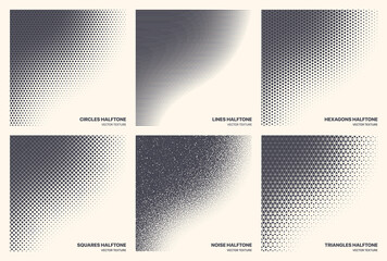 Different Variations Halftone Texture Set Vector Abstract Geometric Curved Border Isolated On Background. Various Half Tone Pattern Textures Collection Circles Lines Noise Squares Hexagons Triangles