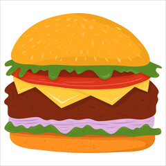 Cartoon illustration with fast food burger. Vector hand drawn graphic. Single food isolated art.