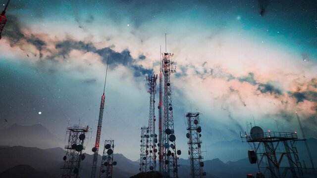 Antenna complex on a hill flythrough. Tall masts or towers. Starry night.