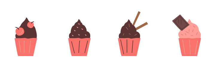 Vector set of chocolate, cherry muffins and strawberry muffins in pink packaging, illustration for coffee shop menu with desserts, sweets