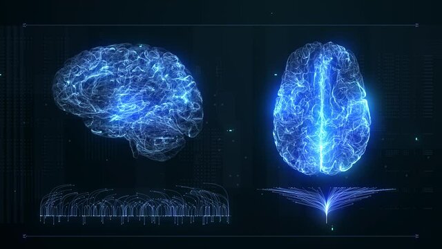 Futuristic Technological INTERFACE Analyzing HUMAN BRAIN. Medical Profile of NEURAL ACTIVITY  of human brain and HEALTHCARE Information. SCIENCE, ENGINEERING. ARTIFICIAL INTELIGENCE.