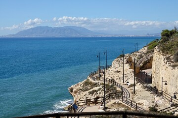 Promenade of Cala del Moral on the Andalusian Costa del Sol (Spain) next to the Mediterranean Sea...