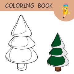 Coloring book with cartoon Christmas tree in snow. Colorless and color samples Tree on coloring page for kids. Coloring design in cute cartoon style. Black contour silhouette with sample for coloring.