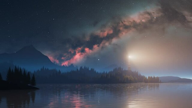 A bright beam of light from the lighthouse rotates over the coast. Starry sky.