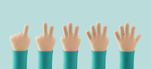 Obraz premium Cartoon person hands counting from one to five with fingers. 3d render of counting hand on blue background. Pointing, victory sign, hello gesture