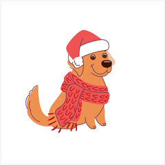 Labrador dog in a Christmas hat and knitted scarf. Vector illustration in flat style isolated on white background