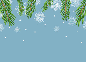 Fototapeta na wymiar Beautiful background with white snowflakes and fir branches for winter design. Collection of Christmas New Year elements. Frozen silhouettes of crystal snowflakes. Modern design. Holiday wallpaper.