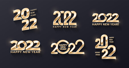 2022 Happy New Year Premium Golden Logo Vector Different 3D Text Design Templates Collection On Background. Variations Of Happy New Years Typographic Golden Metallic Design Elements Set
