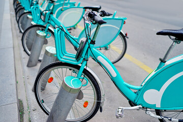City bikes rent parking. Shared bicycle concept.