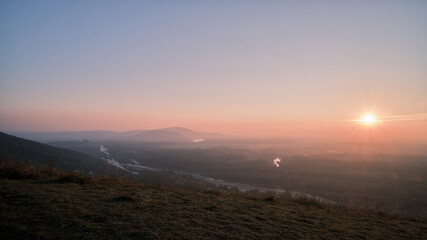 Morava river sunset view from Sandberg mountain, Slovakia