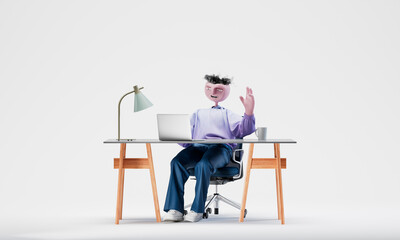 Awesome Travor greets with a hand on camera on laptop. Online communication concept. Highly detailed fashionable stylish abstract character isolated on white background. 3d rendering