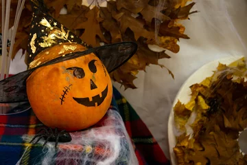 Foto op Plexiglas Photo of halloween pumpkin autumn holiday paper decoration © Liza