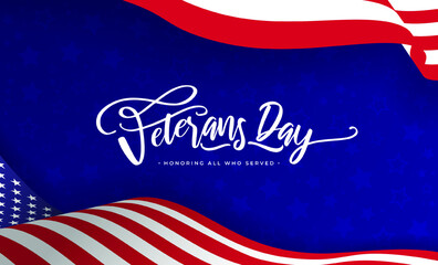 Veterans Day Background Vector Illustration with Wavy USA Flag and Ornamental Stars on Blue Background. USA Memorial Day Background Design: Honoring All Who Served.