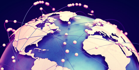 Telecomunicaciones globales y computación en la nube. Ilustración 3d del concepto de red e internet y mapa mundial. - obrazy, fototapety, plakaty