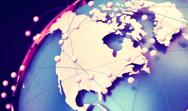 Telecomunicaciones globales y computación en la nube. Estados Unidos de América. Ilustración 3d del concepto de red e internet y mapa mundial.