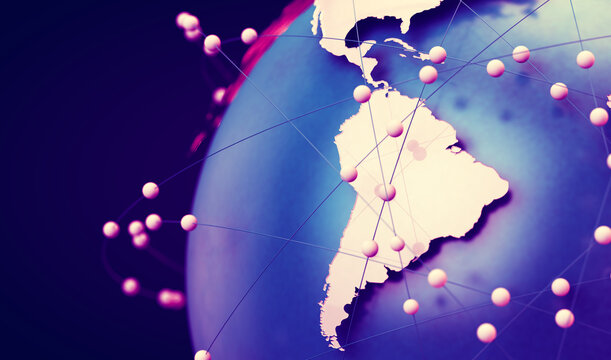 Telecomunicaciones Globales Y Computación En La Nube.Mapa De América Del Sur. Ilustración 3d Del Concepto De Red E Internet Y Mapa Mundial.