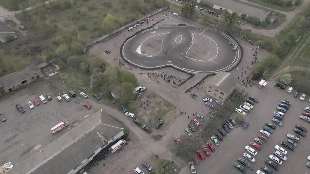 Aerial drone view of the open-air street racing and drift track