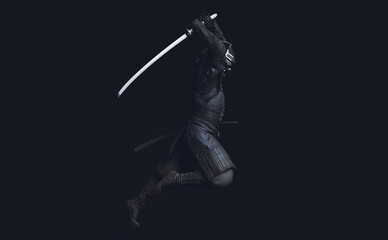 A full-body 3D illustration of a samurai wearing armor and wielding a sword against a dark background.