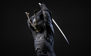 3D illustration of the upper body of a samurai wearing armor and wielding a sword, from the front.