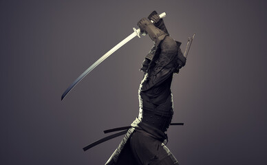 Obraz premium Silhouette of the upper body of a samurai wearing armor and wielding a sword. 3D illustration.
