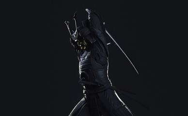 Silhouette of the upper body of a samurai wearing armor and wielding a sword, from the side. 3D illustration.