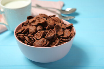 chocolate cornflakes for breakfast on the table close-up