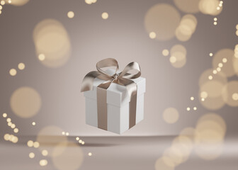 Obraz na płótnie Canvas White gift box with golden ribbon bow levitating on beige background. Flying brown Christmas present with bokeh lights. Commercial for woman concept. Creative realistic minimal banner 3d render