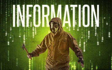 Faceless hacker with inscription concept