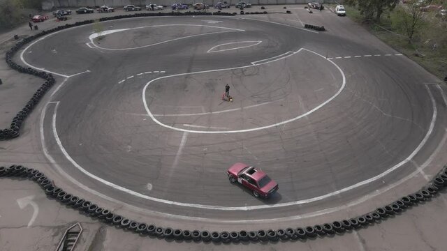 Aerial drone view of the open-air street racing and drift track